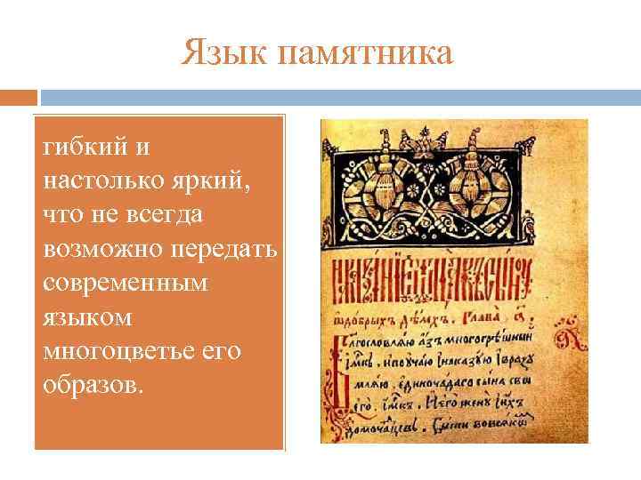 Язык памятника гибкий и настолько яркий, что не всегда возможно передать современным языком многоцветье