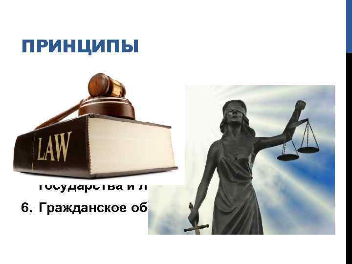 ПРИНЦИПЫ 1. Верховенство закона 2. Равенство всех перед законом 3. Независимость судебной власти 4.