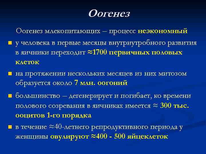 Оогенез n n Оогенез млекопитающих – процесс неэкономный у человека в первые месяцы внутриутробного