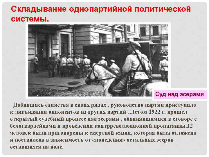 . Складывание однопартийной политической системы. Добившись единства в своих рядах , руководство партии приступило