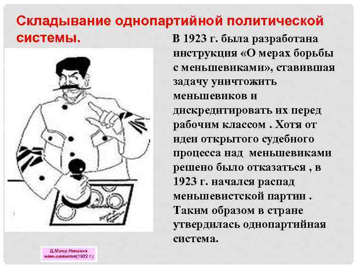 Складывание однопартийной политической В 1923 г. была разработана системы. инструкция «О мерах борьбы с
