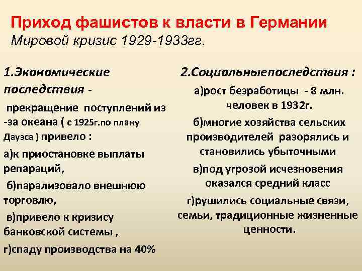 Приход фашистов к власти в Германии Мировой кризис 1929 -1933 гг. 1. Экономические последствия