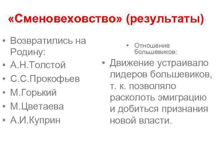  «Сменовеховство» (результаты) • Возвратились на Родину: • А. Н. Толстой • С. С.