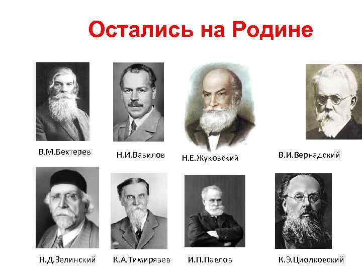 Остались на Родине В. М. Бехтерев Н. Д. Зелинский Н. И. Вавилов Н. Е.