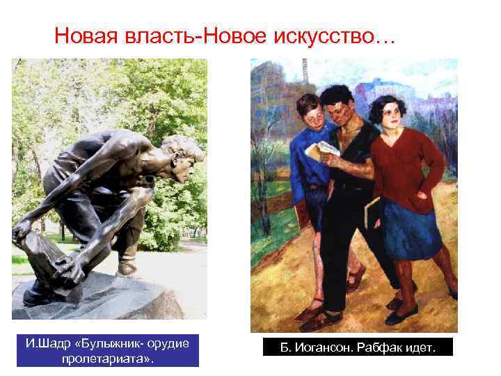 Новая власть-Новое искусство… И. Шадр «Булыжник- орудие пролетариата» . Б. Иогансон. Рабфак идет. 