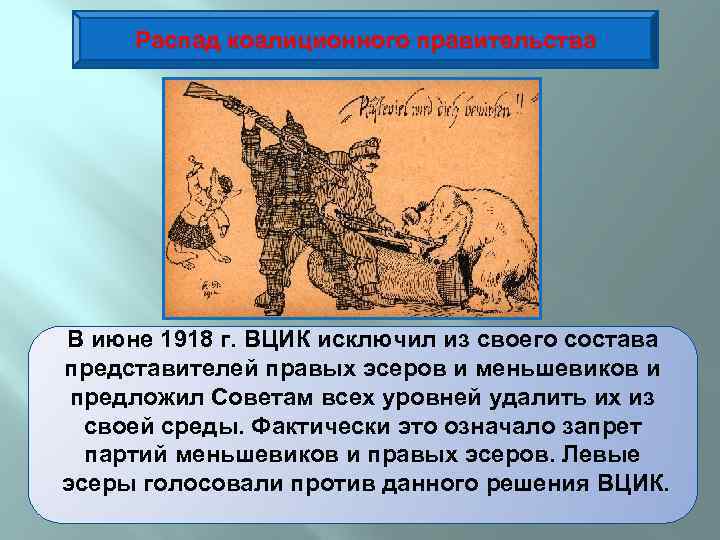 Распад коалиционного правительства В июне 1918 г. ВЦИК исключил из своего состава представителей правых