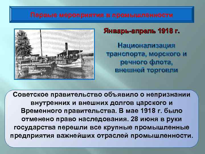 Первые мероприятия в промышленности Январь-апрель 1918 г. Национализация транспорта, морского и речного флота, внешней