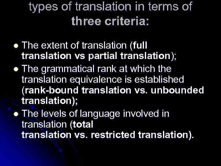 types of translation in terms of three criteria: The extent of translation (full translation
