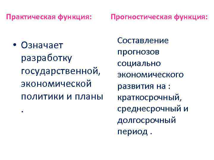 Практическая функция: Прогностическая функция: • Означает разработку государственной, экономической политики и планы . Составление