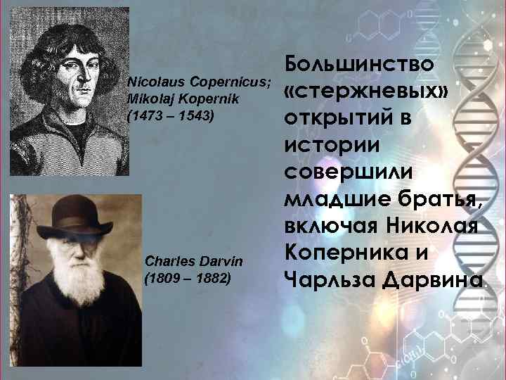 Nicolaus Copernicus; Mikolaj Kopernik (1473 – 1543) Charles Darvin (1809 – 1882) Большинство «стержневых»