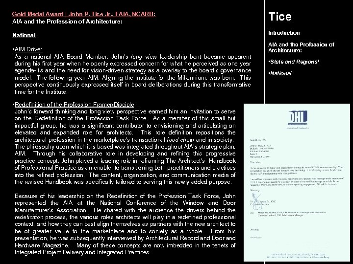 Gold Medal Award | John P. Tice Jr. , FAIA, NCARB: AIA and the
