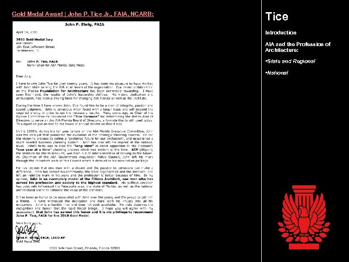 Gold Medal Award | John P. Tice Jr. , FAIA, NCARB: Tice Introduction AIA