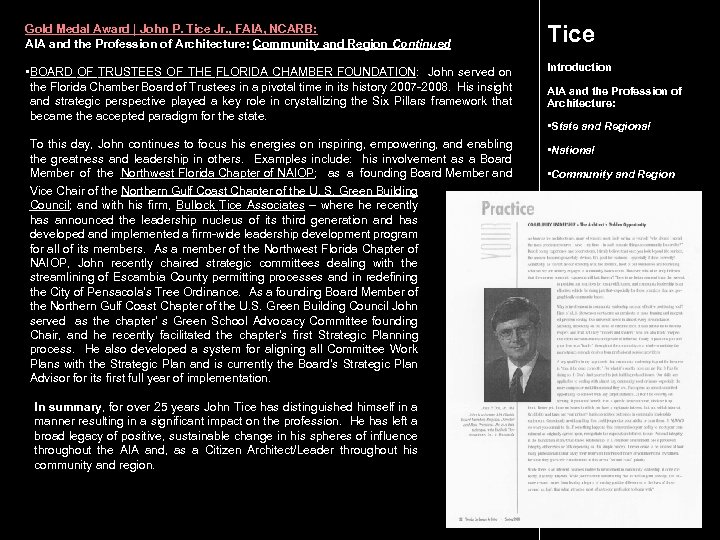 Gold Medal Award | John P. Tice Jr. , FAIA, NCARB: AIA and the