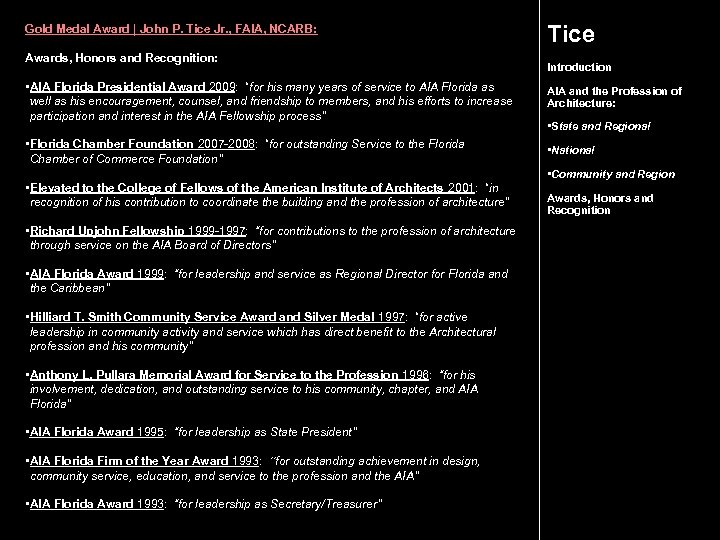 Gold Medal Award | John P. Tice Jr. , FAIA, NCARB: Awards, Honors and