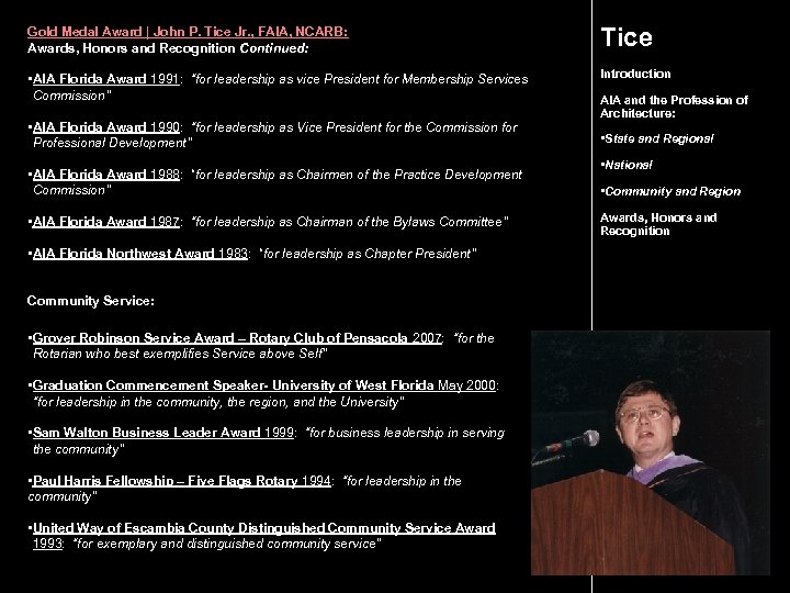 Gold Medal Award | John P. Tice Jr. , FAIA, NCARB: Awards, Honors and