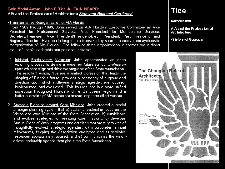 Gold Medal Award | John P. Tice Jr. , FAIA, NCARB: AIA and the
