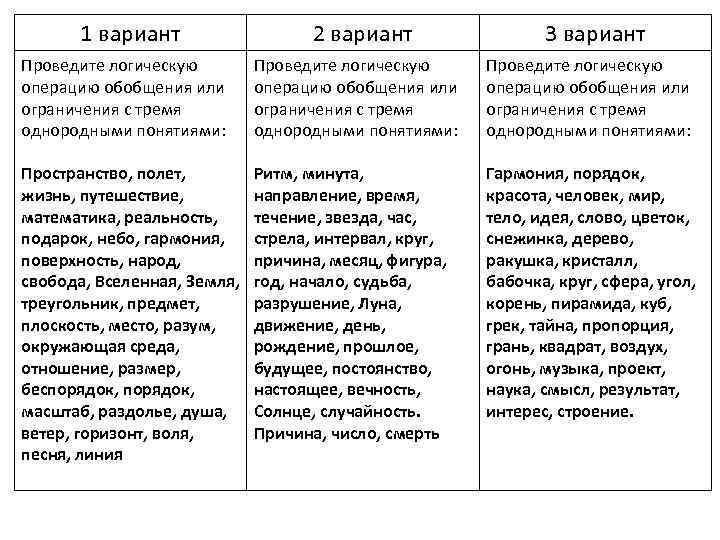 1 вариант 2 вариант 3 вариант Проведите логическую операцию обобщения или ограничения с тремя