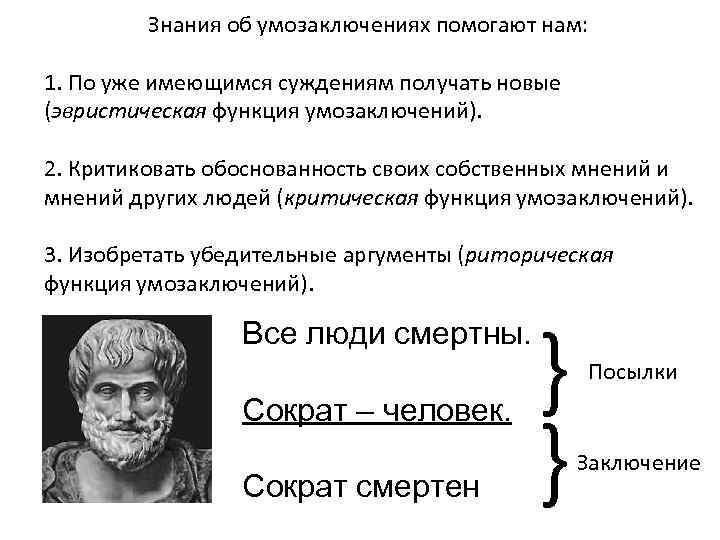 Знания об умозаключениях помогают нам: 1. По уже имеющимся суждениям получать новые (эвристическая функция