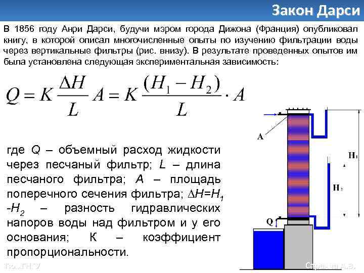 Скорость фильтрации формула Дарси. Закон Дарси. Уравнение фильтрации Дарси.