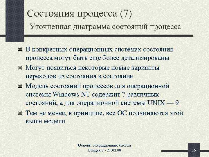 Состояния процесса (7) Уточненная диаграмма состояний процесса В конкретных операционных системах состояния процесса могут