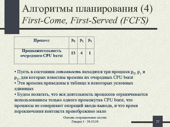 Алгоритмы планирования (4) First-Come, First-Served (FCFS) Процесс Продолжительность очередного CPU burst p 0 p