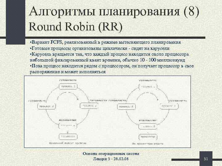 Алгоритмы планирования (8) Round Robin (RR) • Вариант FCFS, реализованный в режиме вытесняющего планирования