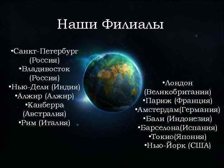 Наши Филиалы • Санкт-Петербург (Россия) • Владивосток (Россия) • Нью-Дели (Индия) • Алжир (Алжир)