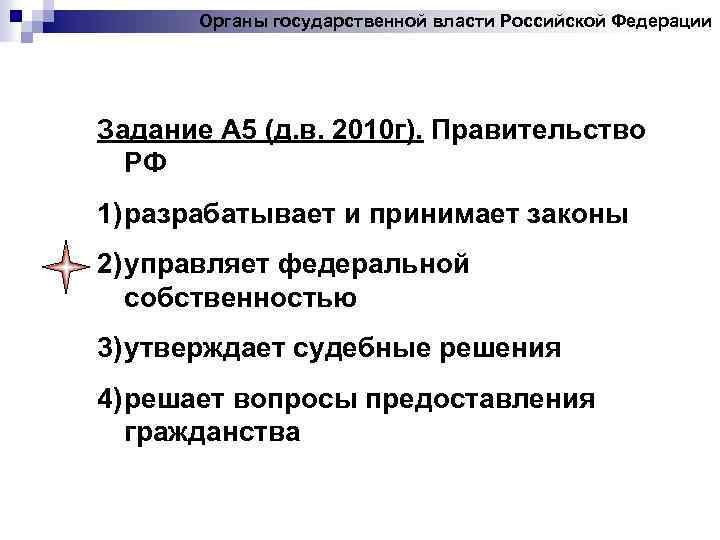 Органы государственной власти Российской Федерации Задание А 5 (д. в. 2010 г). Правительство РФ