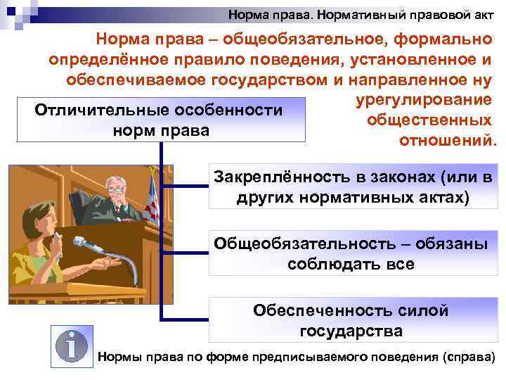Норма права. Нормативный правовой акт Норма права – общеобязательное, формально определённое правило поведения, установленное