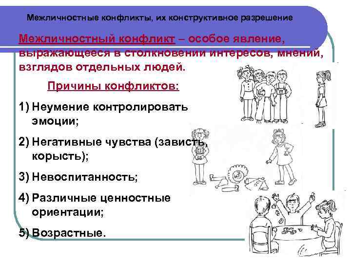 Межличностные конфликты, их конструктивное разрешение Межличностный конфликт – особое явление, выражающееся в столкновении интересов,