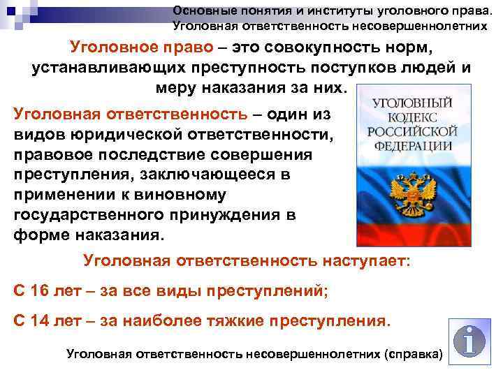 Основные понятия и институты уголовного права. Уголовная ответственность несовершеннолетних Уголовное право – это совокупность