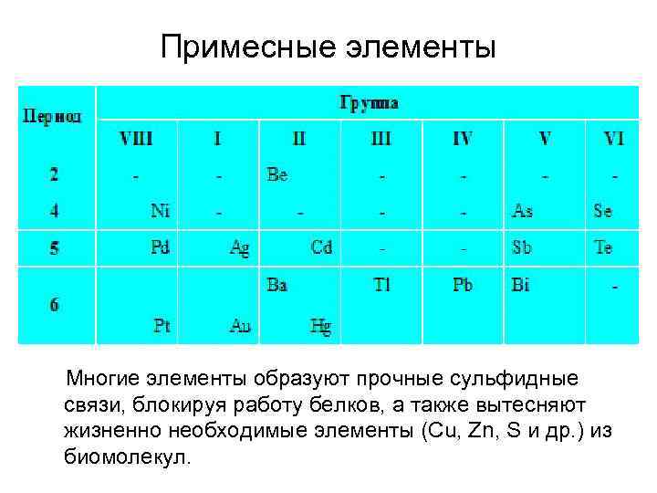 Примесные элементы Многие элементы образуют прочные сульфидные связи, блокируя работу белков, а также вытесняют