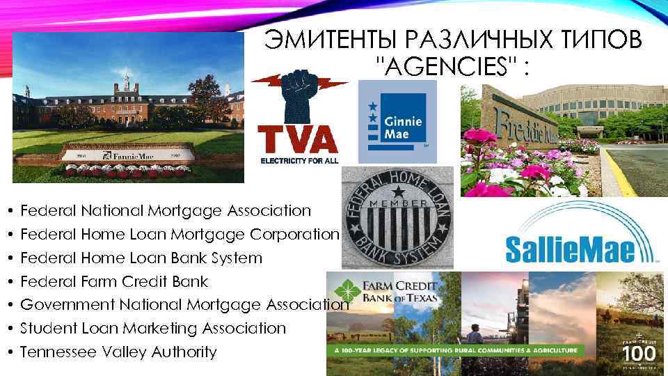 ЭМИТЕНТЫ РАЗЛИЧНЫХ ТИПОВ "AGENCIES" : • Federal National Mortgage Association • Federal Home Loan