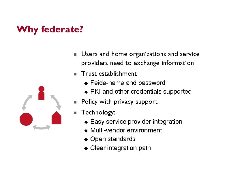 Why federate? Users and home organizations and service providers need to exchange information Trust