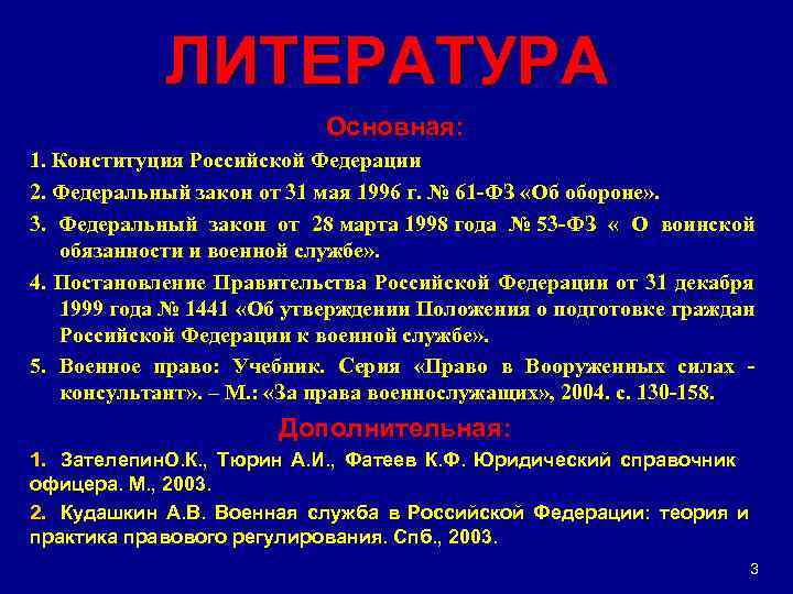 ЛИТЕРАТУРА Основная: 1. Конституция Российской Федерации 2. Федеральный закон от 31 мая 1996 г.