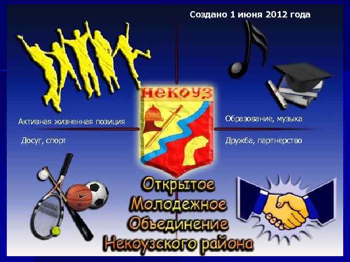 Создано 1 июня 2012 года Активная жизненная позиция Досуг, спорт Образование, музыка Дружба, партнерство