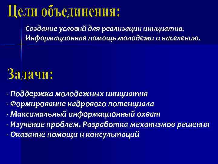 Создание условий для реализации инициатив. Информационная помощь молодежи и населению. - Поддержка молодежных инициатив
