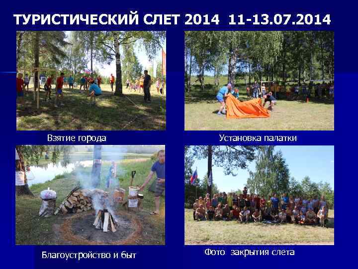 ТУРИСТИЧЕСКИЙ СЛЕТ 2014 11 -13. 07. 2014 Взятие города Благоустройство и быт Установка палатки