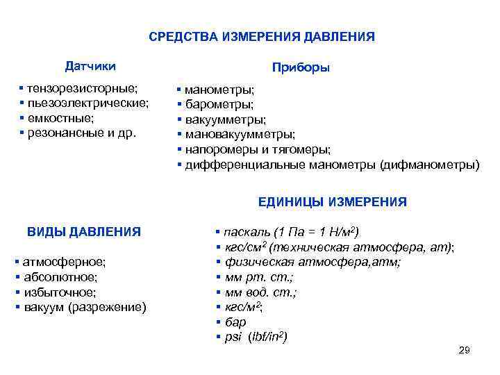 СРЕДСТВА ИЗМЕРЕНИЯ ДАВЛЕНИЯ Датчики § тензорезисторные; § пьезоэлектрические; § емкостные; § резонансные и др.