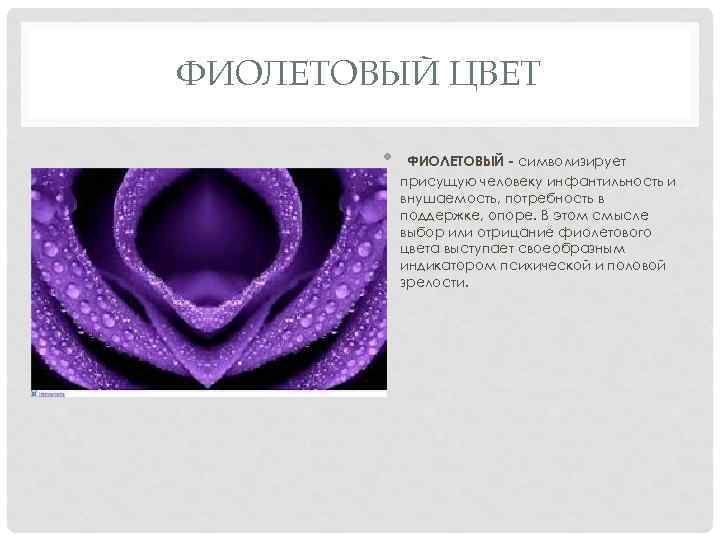 ФИОЛЕТОВЫЙ ЦВЕТ • ФИОЛЕТОВЫЙ - символизирует присущую человеку инфантильность и внушаемость, потребность в поддержке,