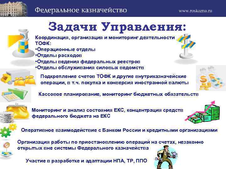 Задачи Управления: Координация, организация и мониторинг деятельности ТОФК: • Операционные отделы • Отделы расходов