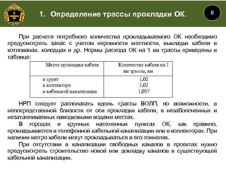 1. Определение трассы прокладки ОК. 8 При расчете потребного количества прокладываемого ОК необходимо предусмотреть
