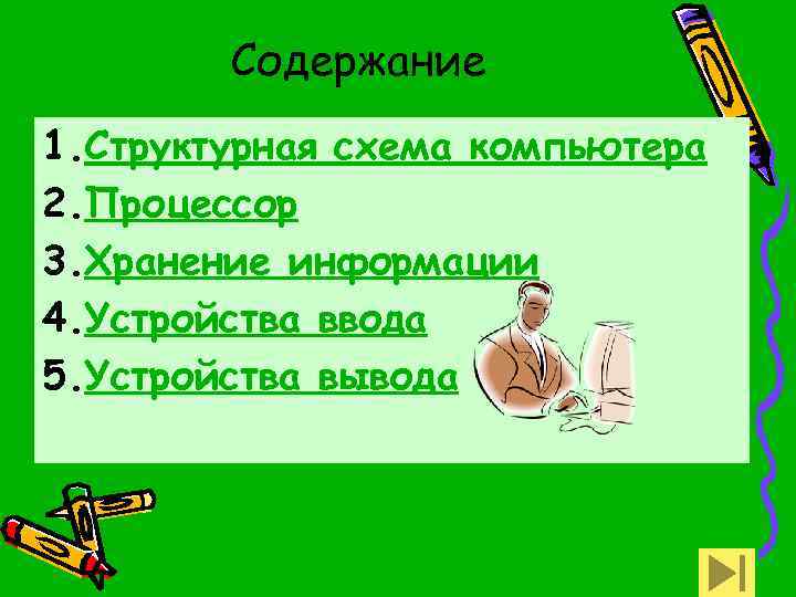 Содержание 1. Структурная схема компьютера 2. Процессор 3. Хранение информации 4. Устройства ввода 5.
