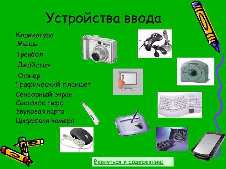 Устройства ввода Клавиатура Мышь Трекбол Джойстик Сканер Графический планшет Сенсорный экран Световое перо Звуковая