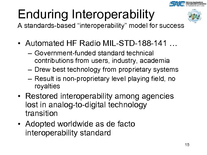 Enduring Interoperability A standards-based “interoperability” model for success • Automated HF Radio MIL-STD-188 -141