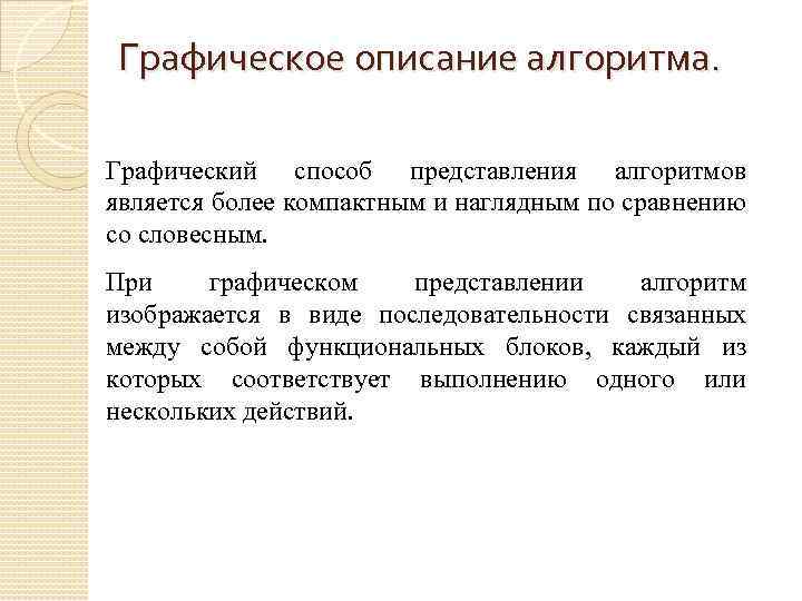 Графическое описание алгоритма. Графический способ представления алгоритмов является более компактным и наглядным по сравнению