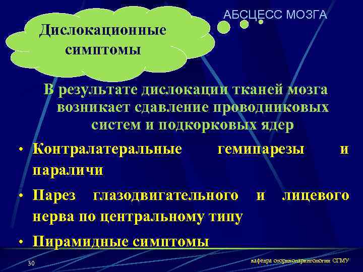 Дислокационные симптомы АБСЦЕСС МОЗГА В результате дислокации тканей мозга возникает сдавление проводниковых систем и