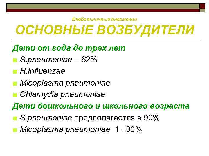 Внебольничные пневмонии ОСНОВНЫЕ ВОЗБУДИТЕЛИ Дети от года до трех лет ■ S. pneumoniaе –