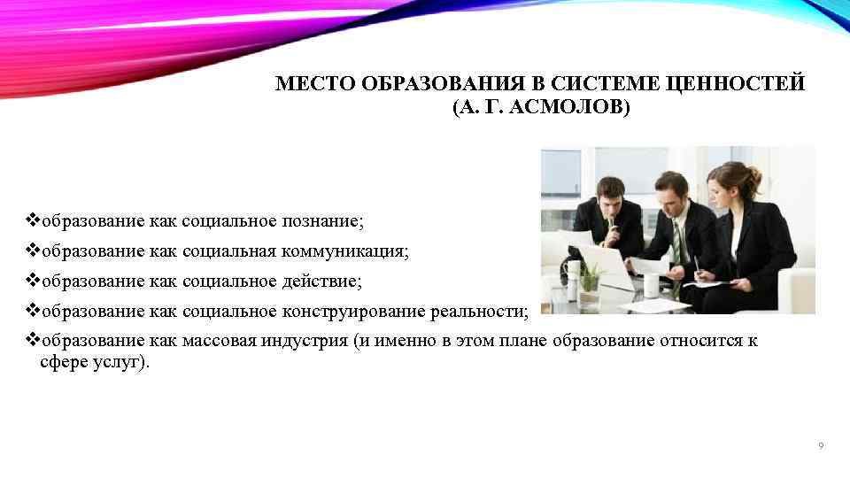 МЕСТО ОБРАЗОВАНИЯ В СИСТЕМЕ ЦЕННОСТЕЙ (А. Г. АСМОЛОВ) vобразование как социальное познание; vобразование как