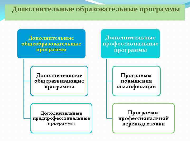 Дополнительные образовательные программы Дополнительные общеразвивающие программы Дополнительные предпрофессиональные программы Дополнительные профессиональные программы Программы повышения